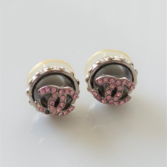 Chanel vintage stud CC earrings with pink rhinestones - Picture 3 of 4